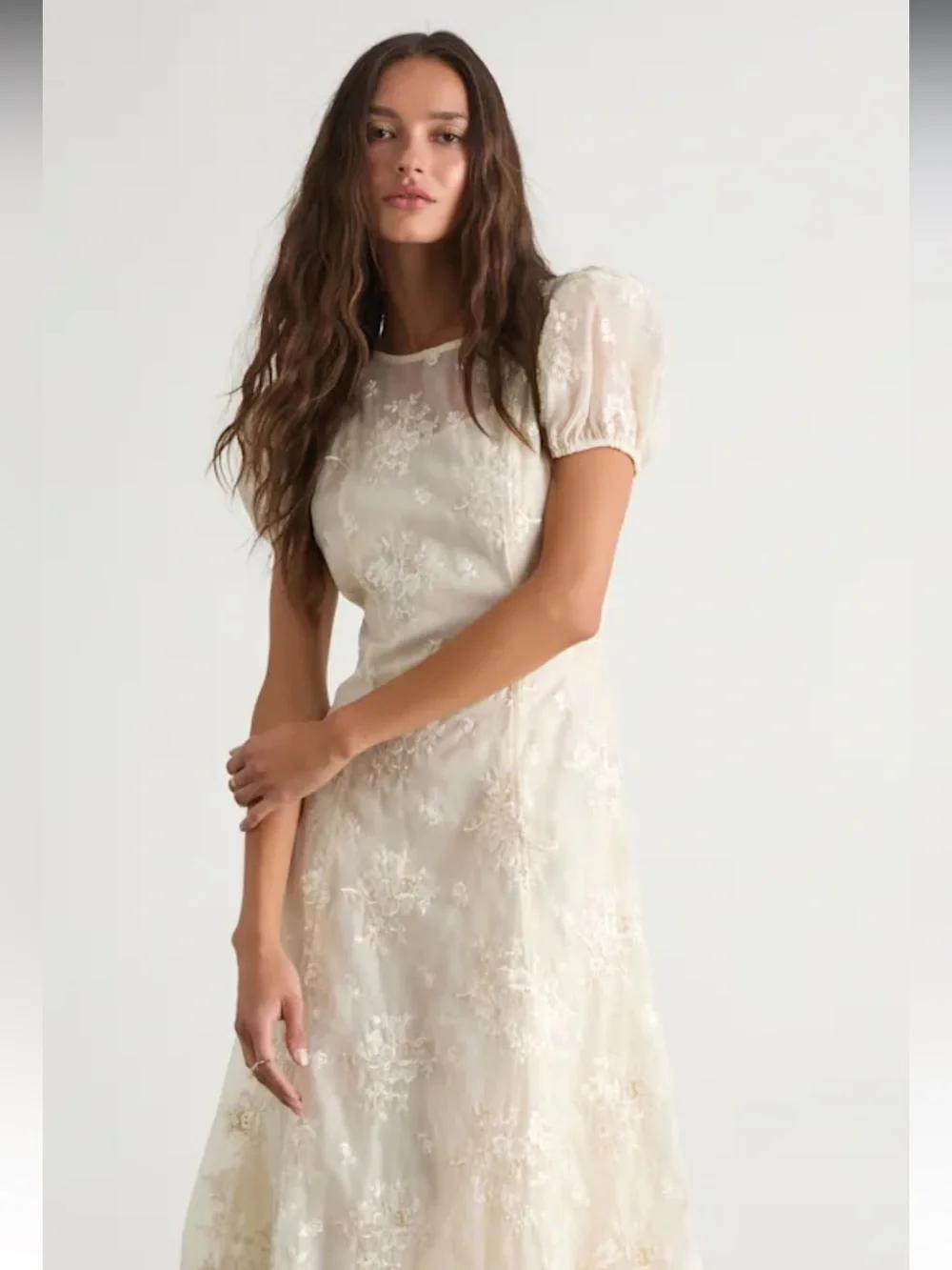 Lulus Elfrieda Cream Floral Embroidered Puff Sleeve Midi Dress Size Medium - Picture 3 of 9